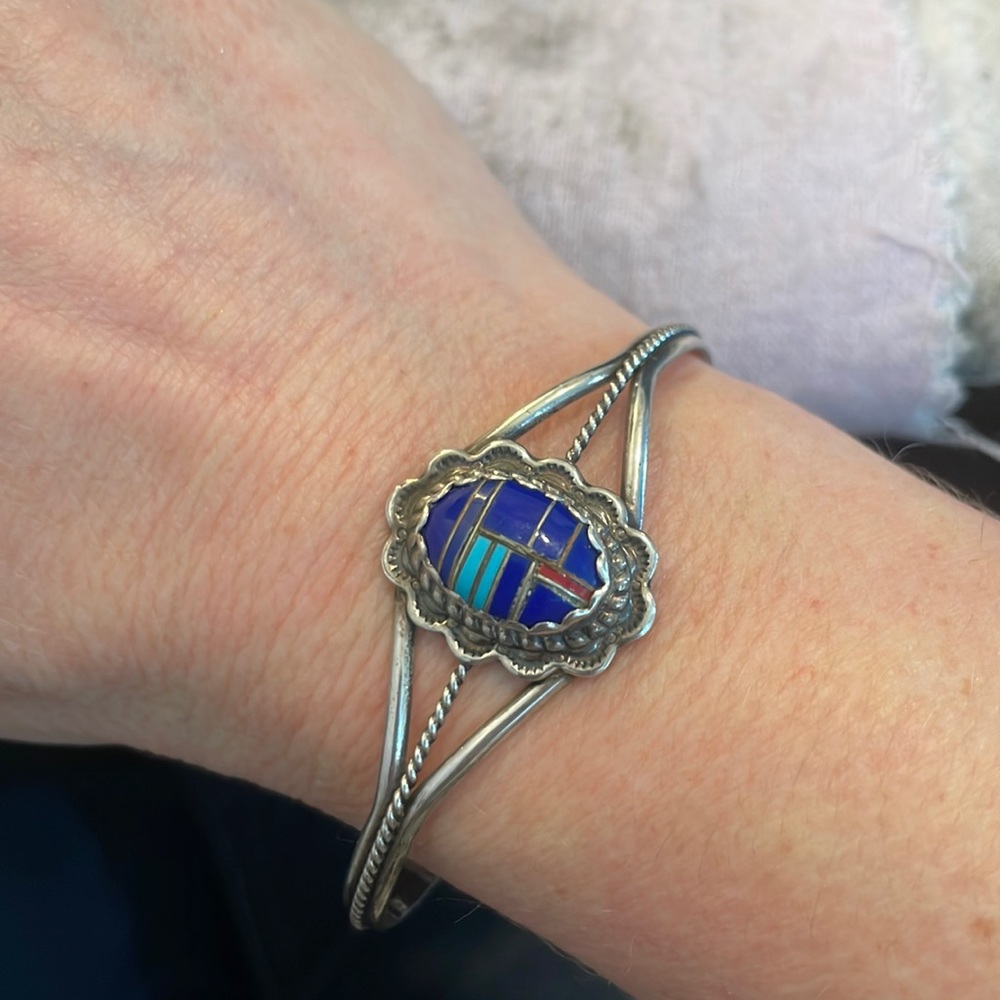 Silver cuff bracelet lapis turquoise
